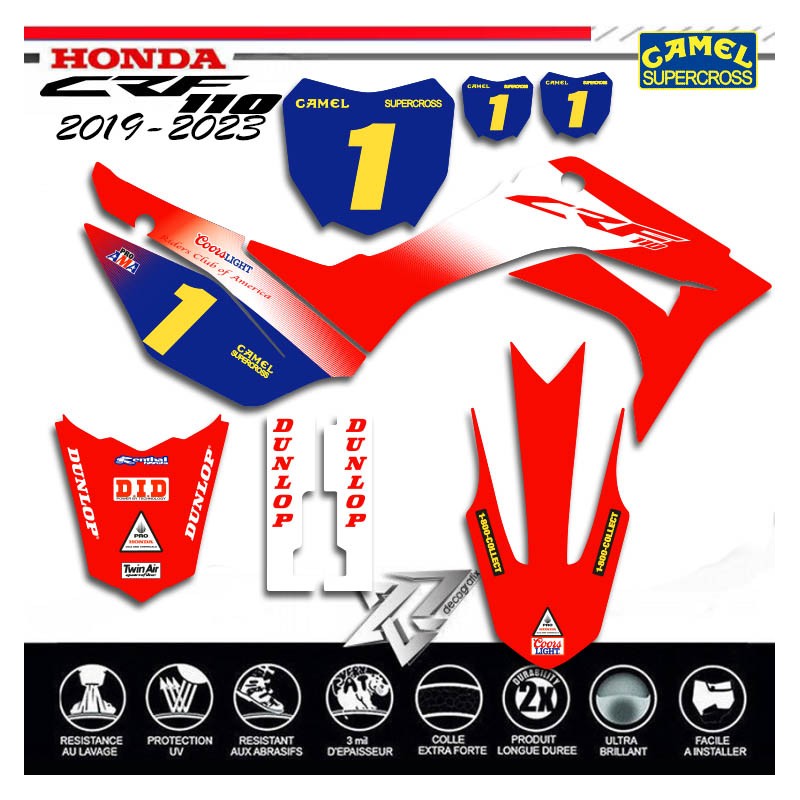 Kit déco CRF110 HONDA 2019-2024 CAMEL supercross par décografix.