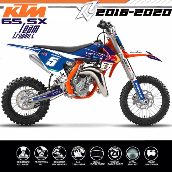 KIT DECO KTM 65-SX TEAM RED BULL KTM  SX65 2016-2017-2018-2019-2020-2021-2022 Decografix Couleur Noms Prénoms + Numéros Blanc